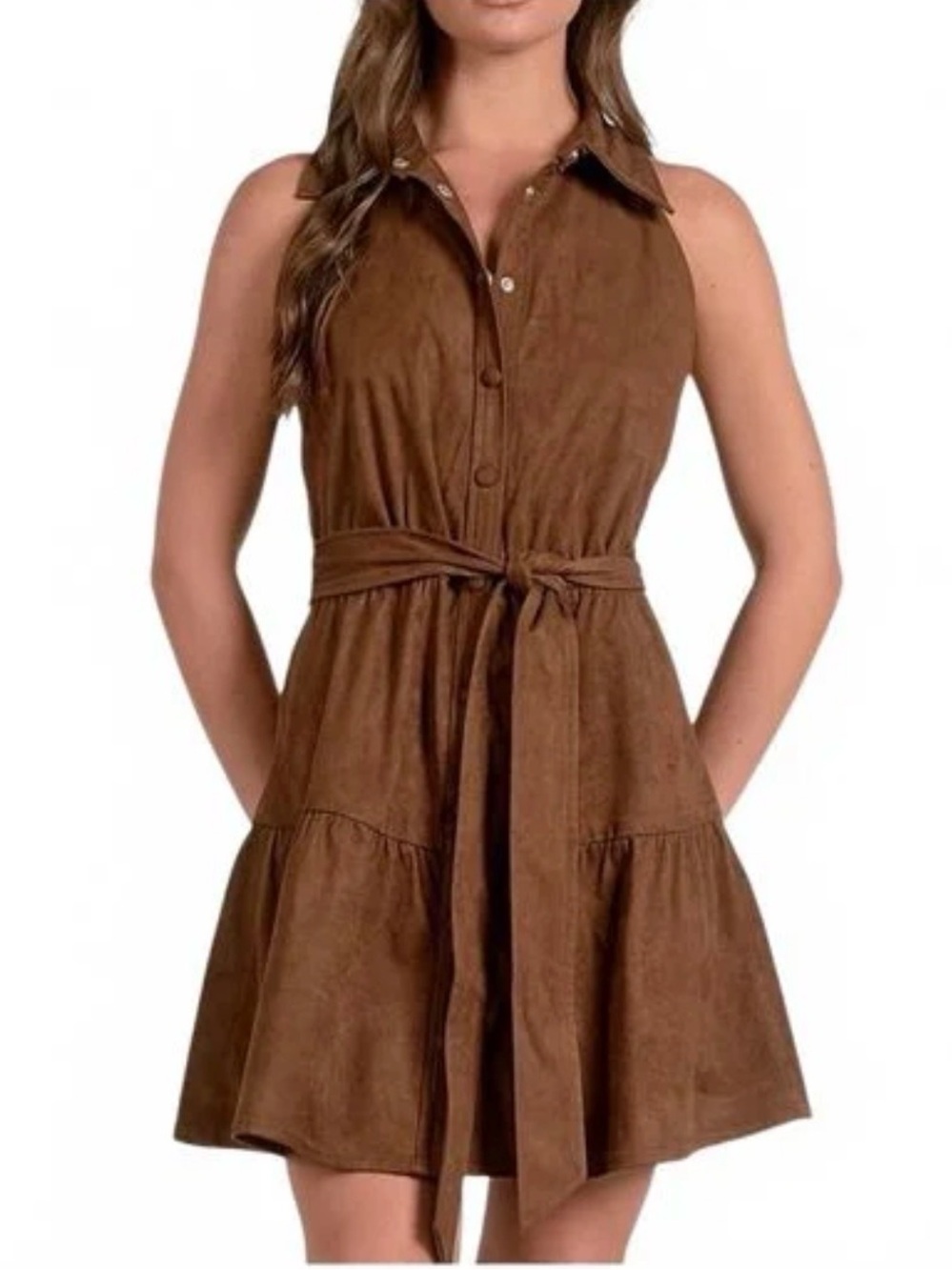 Elan Brown Sleeveless Suede-Look Tie-Waist Mini Dress